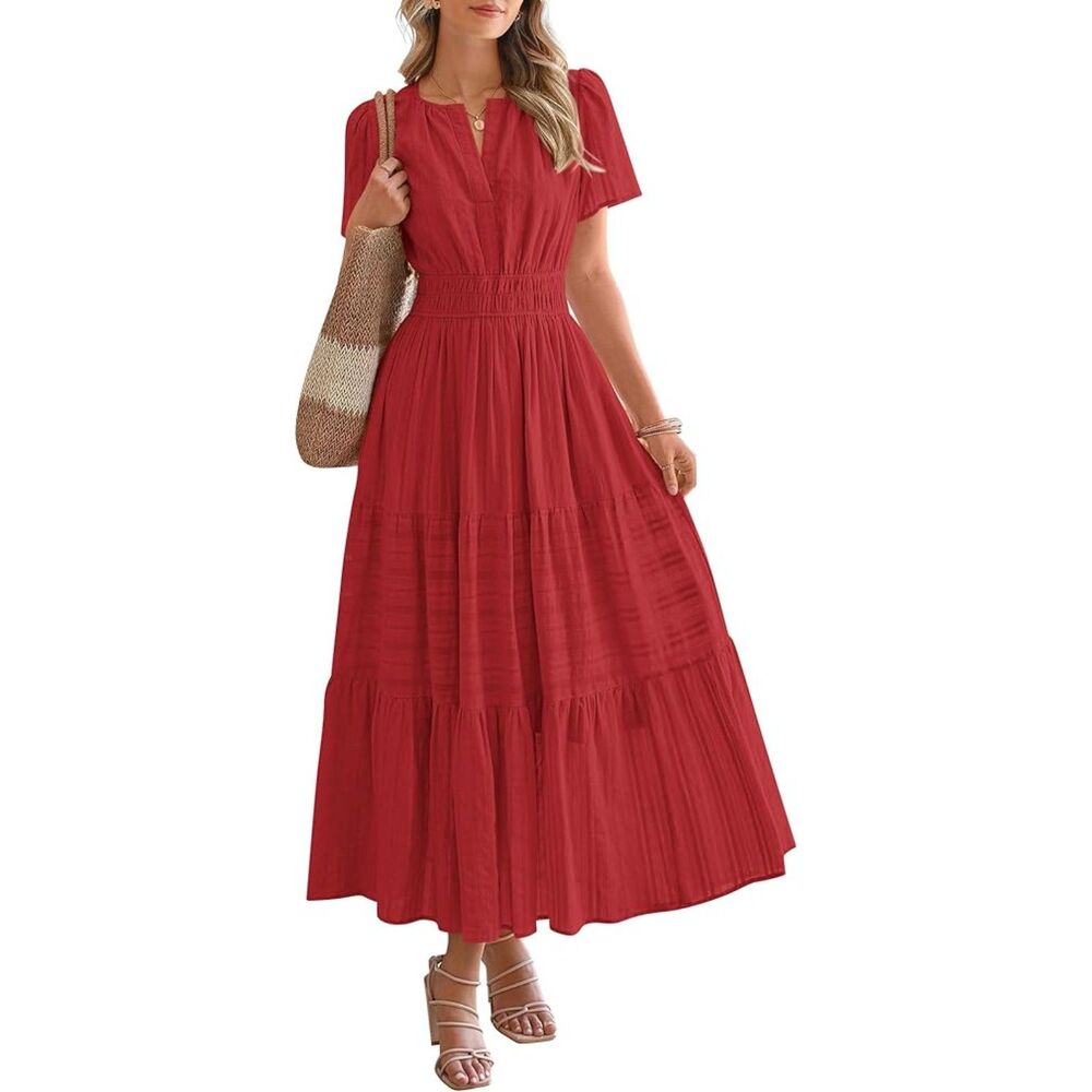 Women's Red V Neck Short Sleeve A Line Summer Casual Maxi Dress Pockets